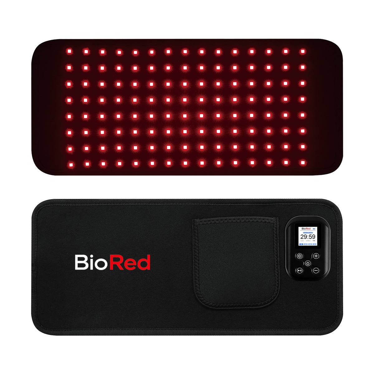 BioRed Therapy Belt — LED side lit with red light, and outer side with magnetic controller