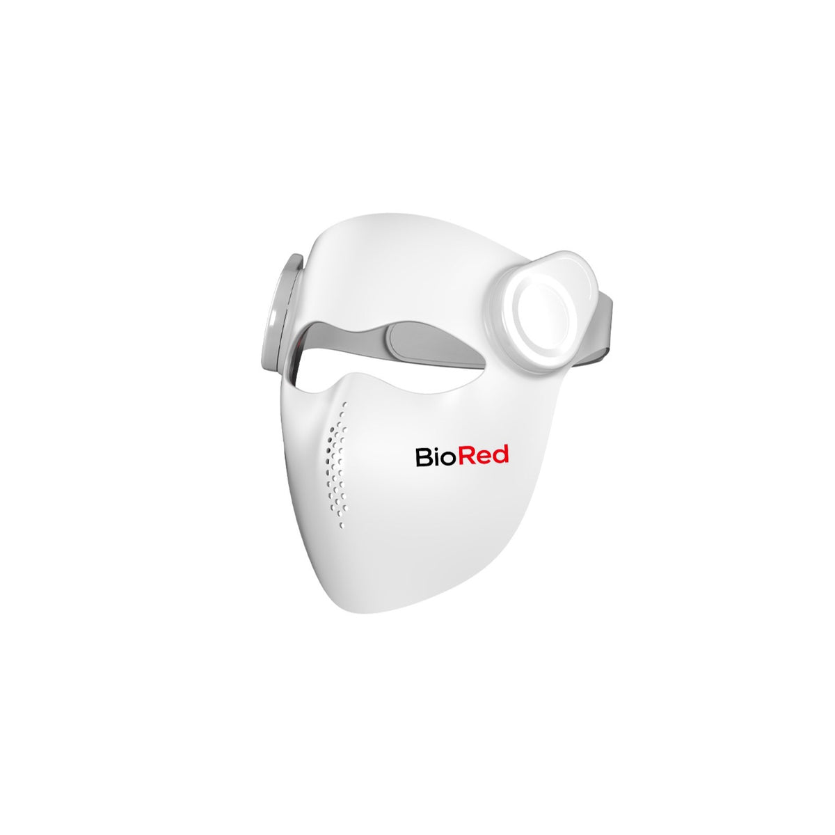 BioRed Therapy Mask — white face mask with eye shields and adjustable strap, side view
